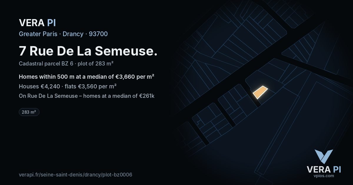 7 Rue De La Semeuse, Drancy at night – the plot lit, the parcels around coloured by the prices near them