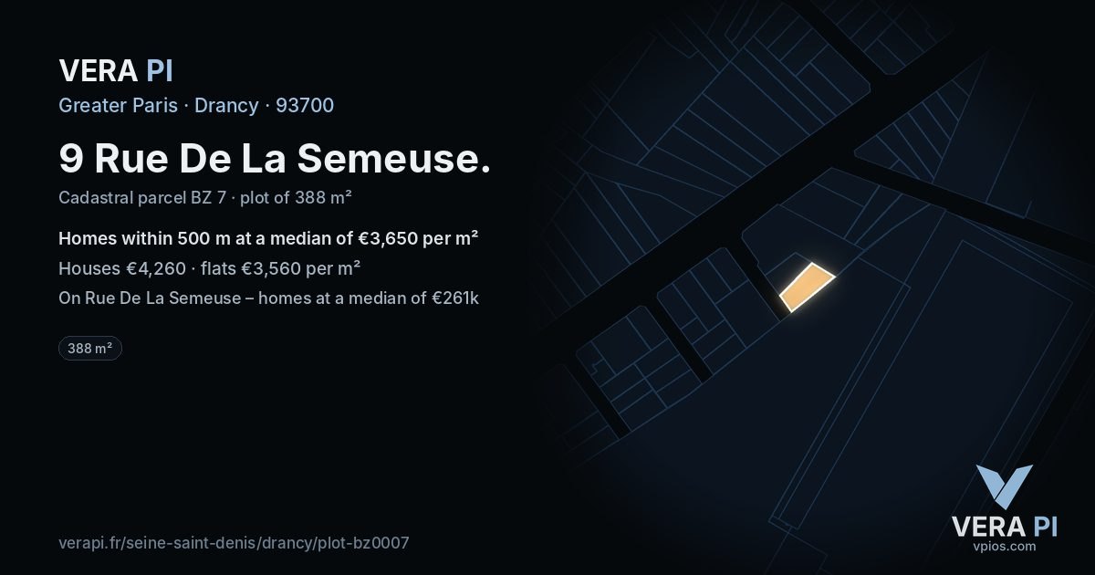 9 Rue De La Semeuse, Drancy at night – the plot lit, the parcels around coloured by the prices near them