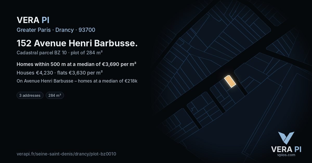 152 Avenue Henri Barbusse, Drancy at night – the plot lit, the parcels around coloured by the prices near them