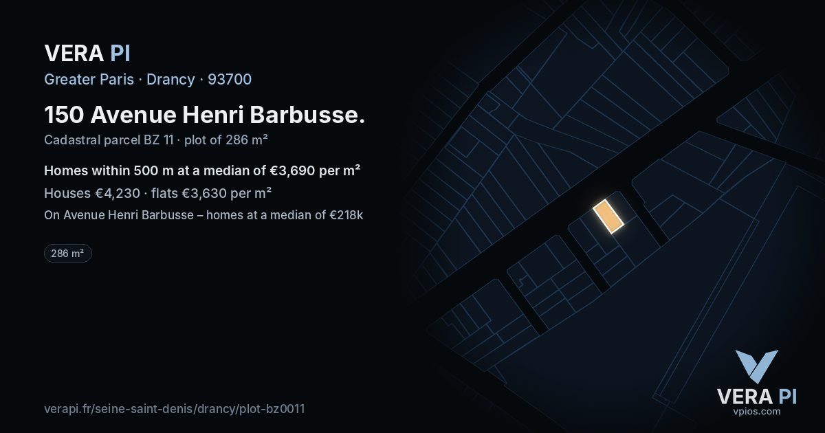 150 Avenue Henri Barbusse, Drancy at night – the plot lit, the parcels around coloured by the prices near them