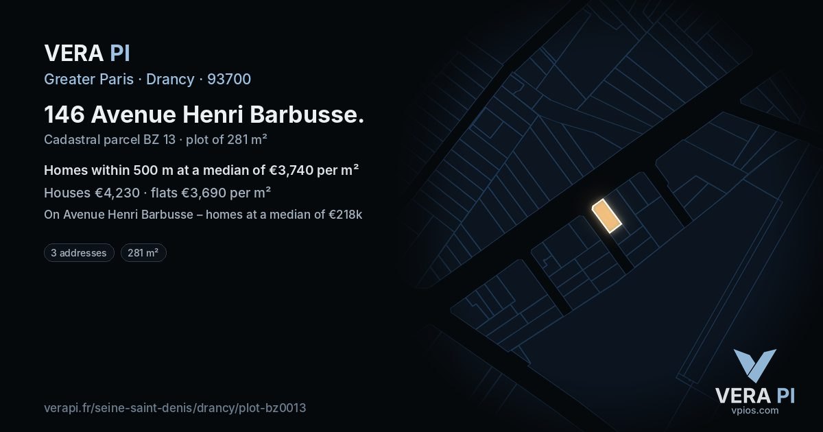 146 Avenue Henri Barbusse, Drancy at night – the plot lit, the parcels around coloured by the prices near them