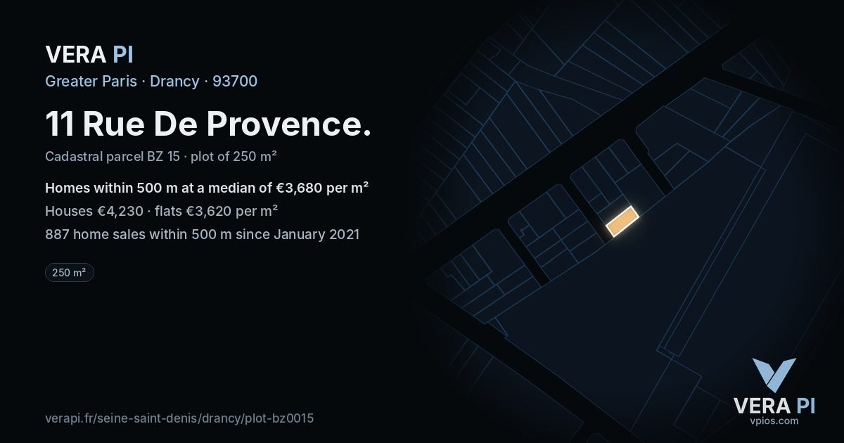 11 Rue De Provence, Drancy at night – the plot lit, the parcels around coloured by the prices near them