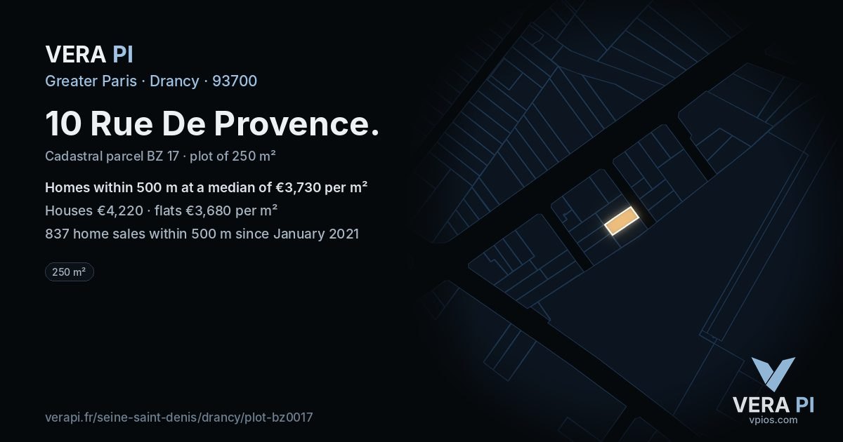 10 Rue De Provence, Drancy at night – the plot lit, the parcels around coloured by the prices near them