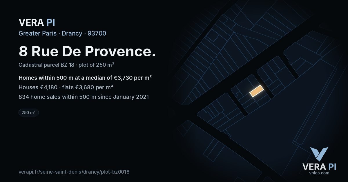 8 Rue De Provence, Drancy at night – the plot lit, the parcels around coloured by the prices near them