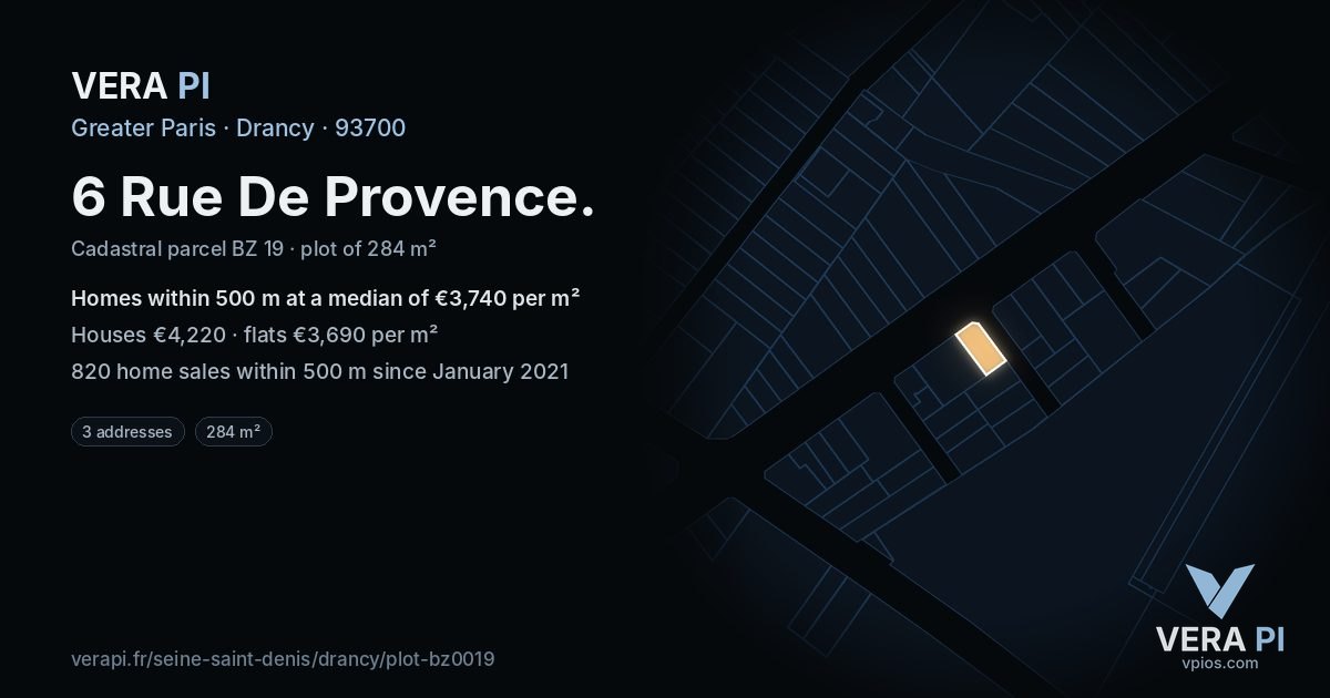 6 Rue De Provence, Drancy at night – the plot lit, the parcels around coloured by the prices near them