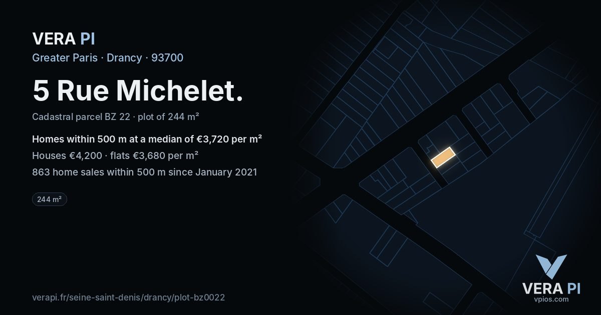 5 Rue Michelet, Drancy at night – the plot lit, the parcels around coloured by the prices near them