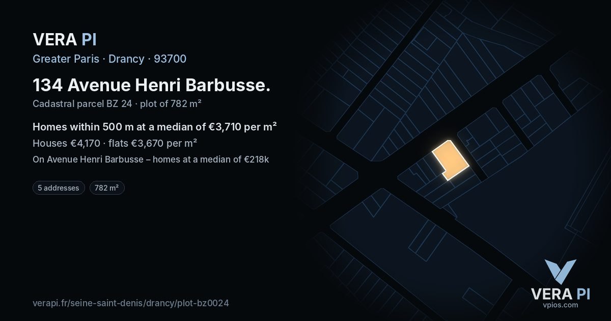 134 Avenue Henri Barbusse, Drancy at night – the plot lit, the parcels around coloured by the prices near them
