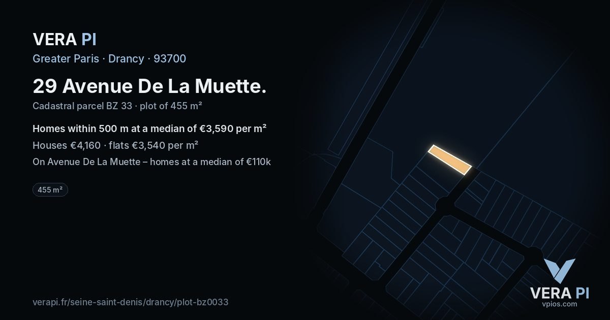 29 Avenue De La Muette, Drancy at night – the plot lit, the parcels around coloured by the prices near them