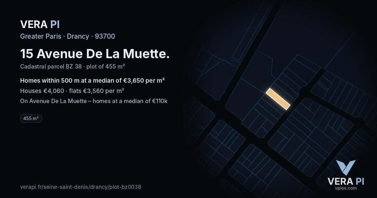 15 Avenue De La Muette, Drancy at night – the plot lit, the parcels around coloured by the prices near them