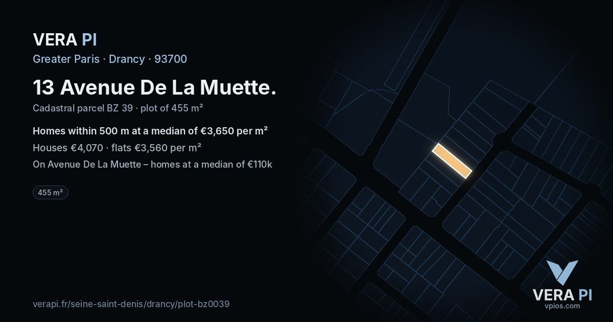 13 Avenue De La Muette, Drancy at night – the plot lit, the parcels around coloured by the prices near them