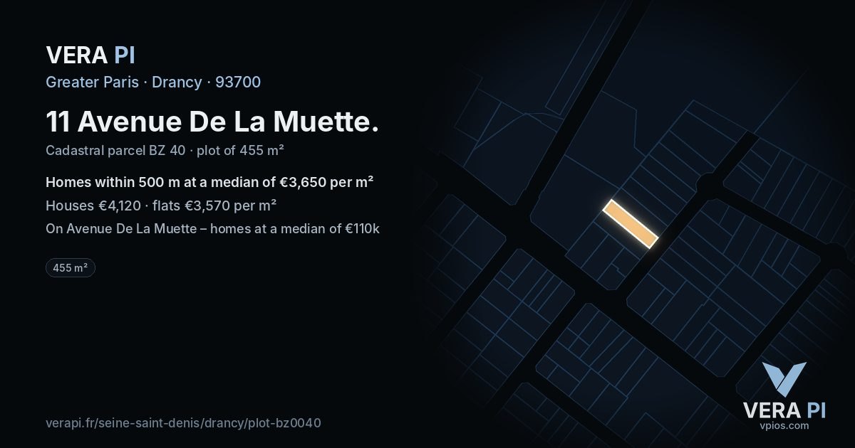 11 Avenue De La Muette, Drancy at night – the plot lit, the parcels around coloured by the prices near them