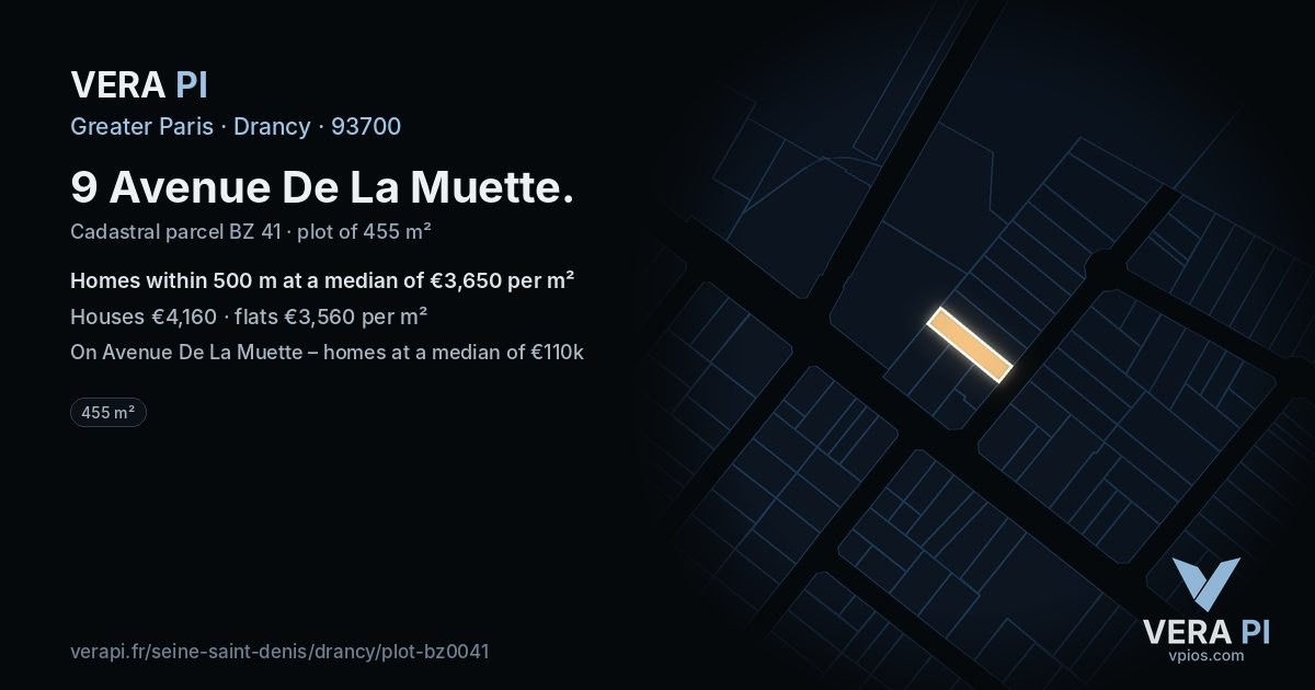9 Avenue De La Muette, Drancy at night – the plot lit, the parcels around coloured by the prices near them