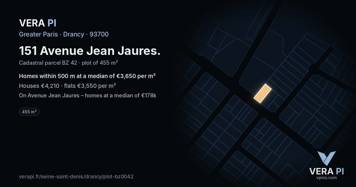 151 Avenue Jean Jaures, Drancy at night – the plot lit, the parcels around coloured by the prices near them