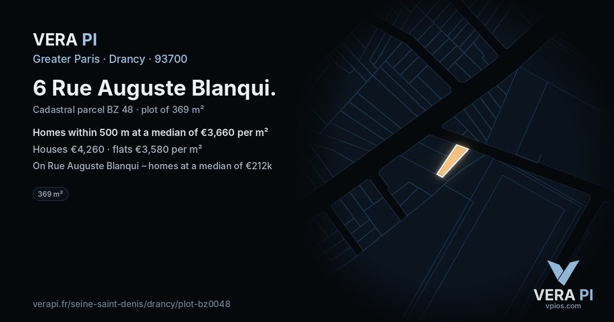 6 Rue Auguste Blanqui, Drancy at night – the plot lit, the parcels around coloured by the prices near them
