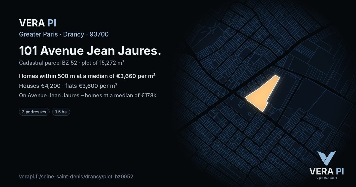 101 Avenue Jean Jaures, Drancy at night – the plot lit, the parcels around coloured by the prices near them