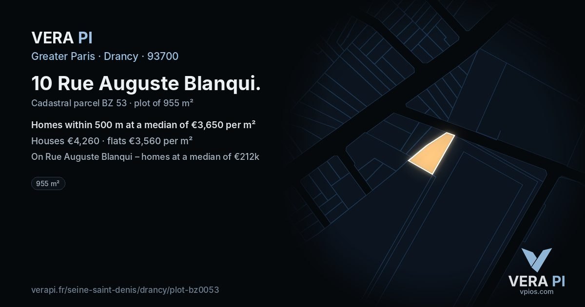 10 Rue Auguste Blanqui, Drancy at night – the plot lit, the parcels around coloured by the prices near them