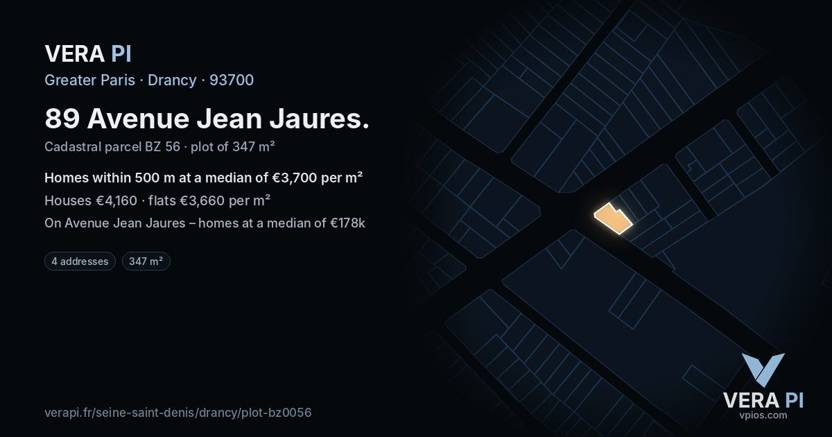 89 Avenue Jean Jaures, Drancy at night – the plot lit, the parcels around coloured by the prices near them