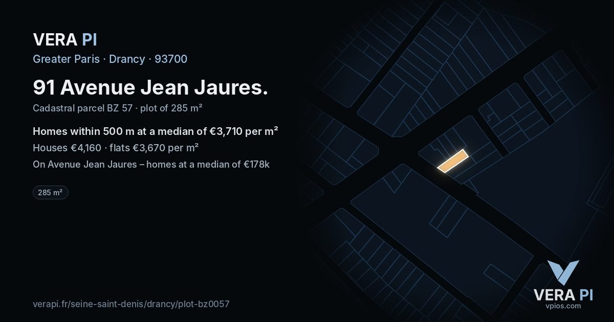 91 Avenue Jean Jaures, Drancy at night – the plot lit, the parcels around coloured by the prices near them