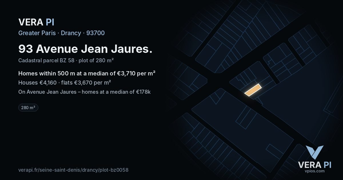 93 Avenue Jean Jaures, Drancy at night – the plot lit, the parcels around coloured by the prices near them