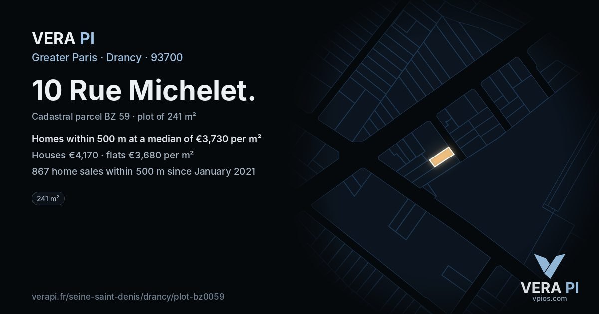 10 Rue Michelet, Drancy at night – the plot lit, the parcels around coloured by the prices near them