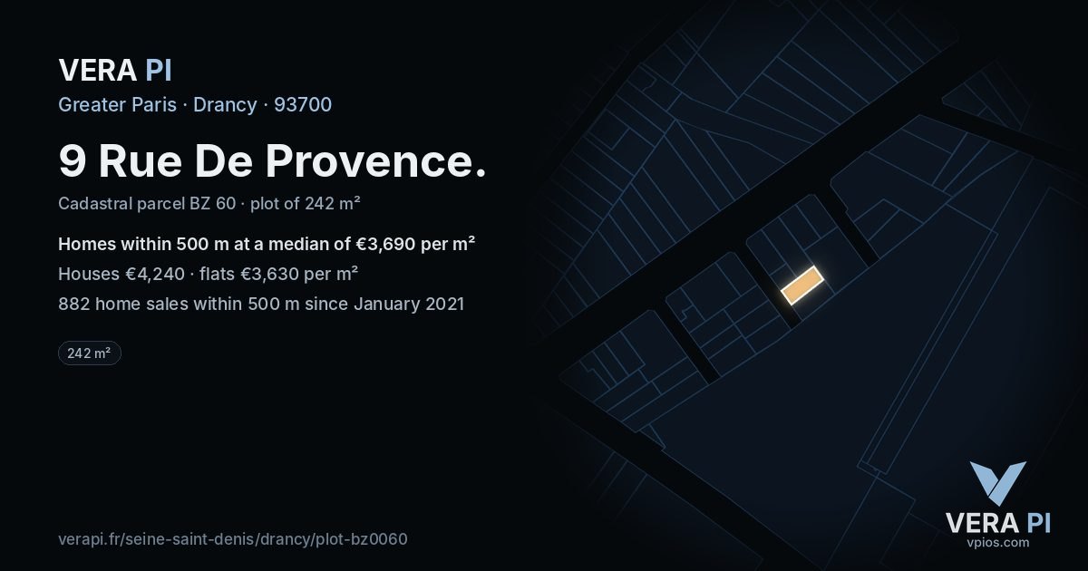 9 Rue De Provence, Drancy at night – the plot lit, the parcels around coloured by the prices near them
