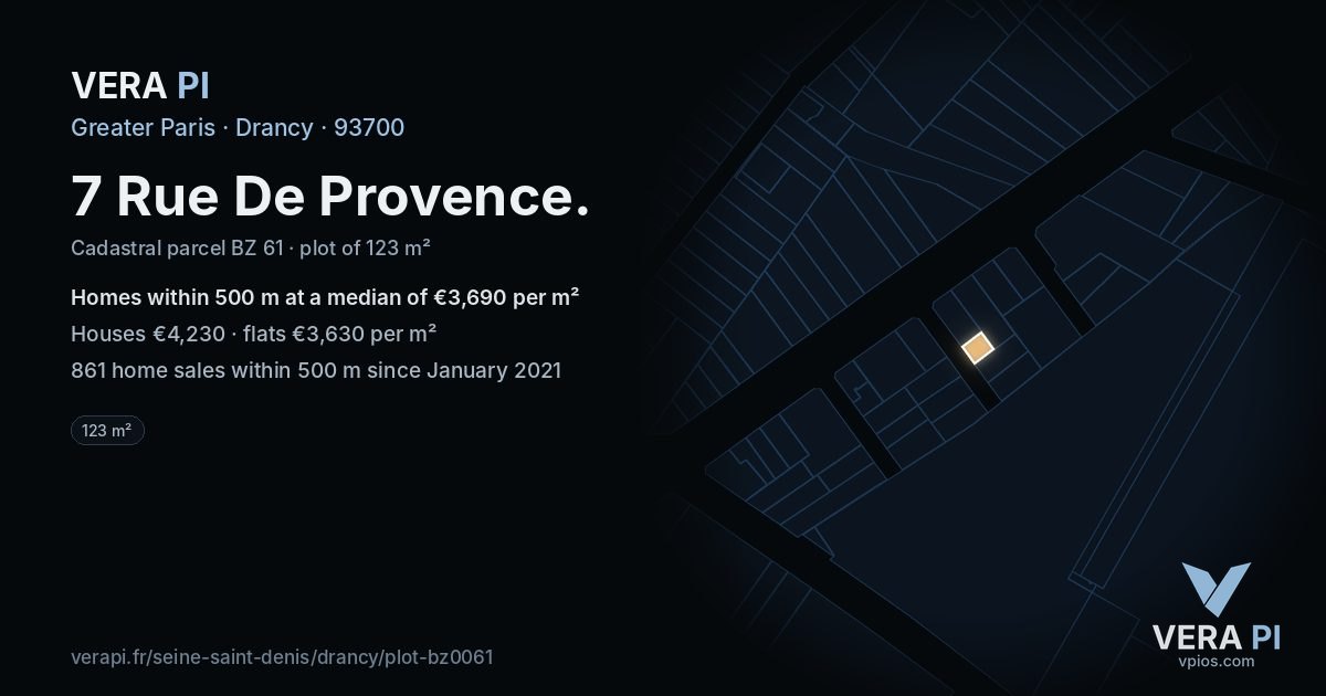 7 Rue De Provence, Drancy at night – the plot lit, the parcels around coloured by the prices near them