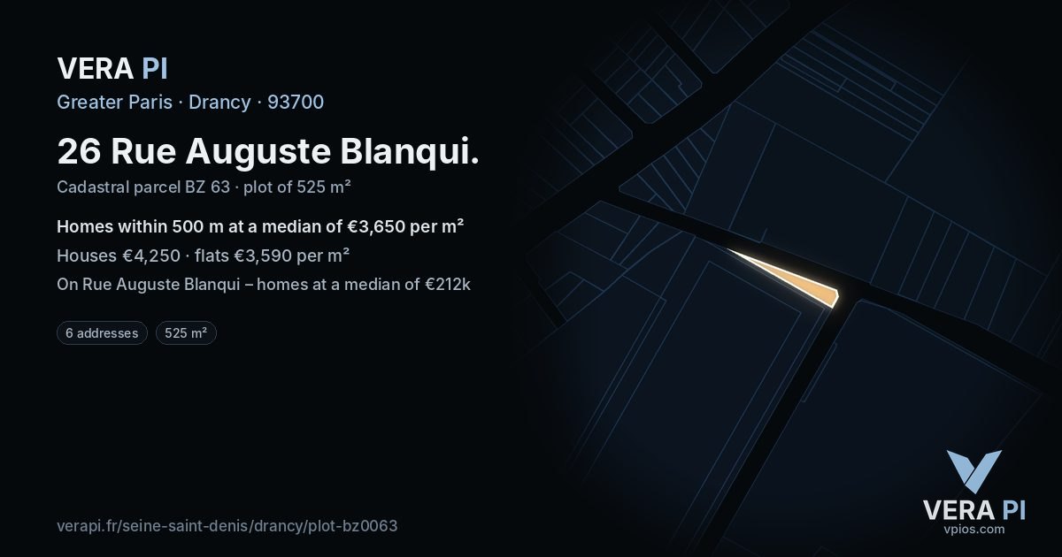 26 Rue Auguste Blanqui, Drancy at night – the plot lit, the parcels around coloured by the prices near them