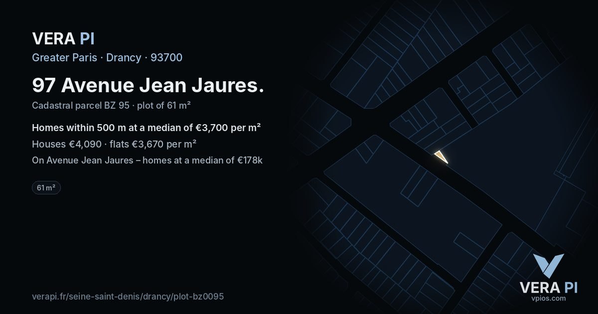 97 Avenue Jean Jaures, Drancy at night – the plot lit, the parcels around coloured by the prices near them