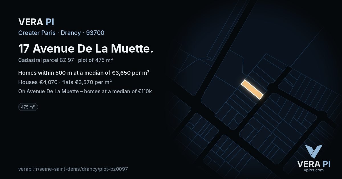 17 Avenue De La Muette, Drancy at night – the plot lit, the parcels around coloured by the prices near them