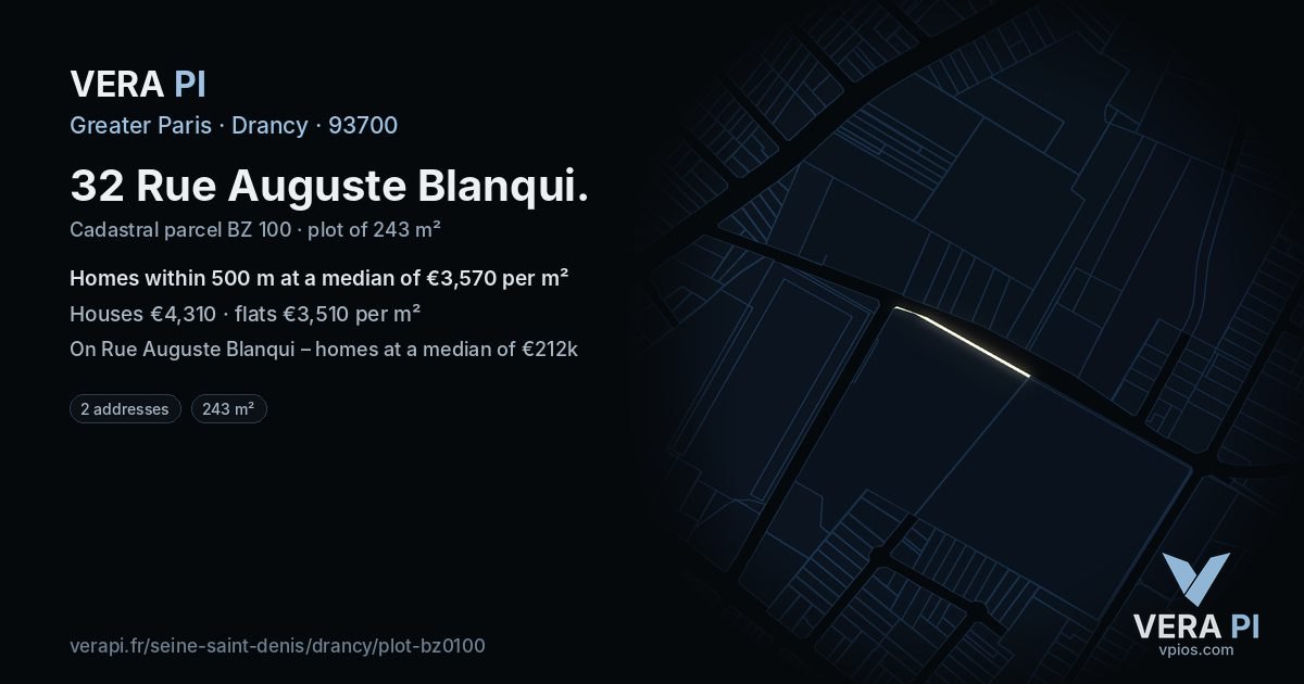 32 Rue Auguste Blanqui, Drancy at night – the plot lit, the parcels around coloured by the prices near them