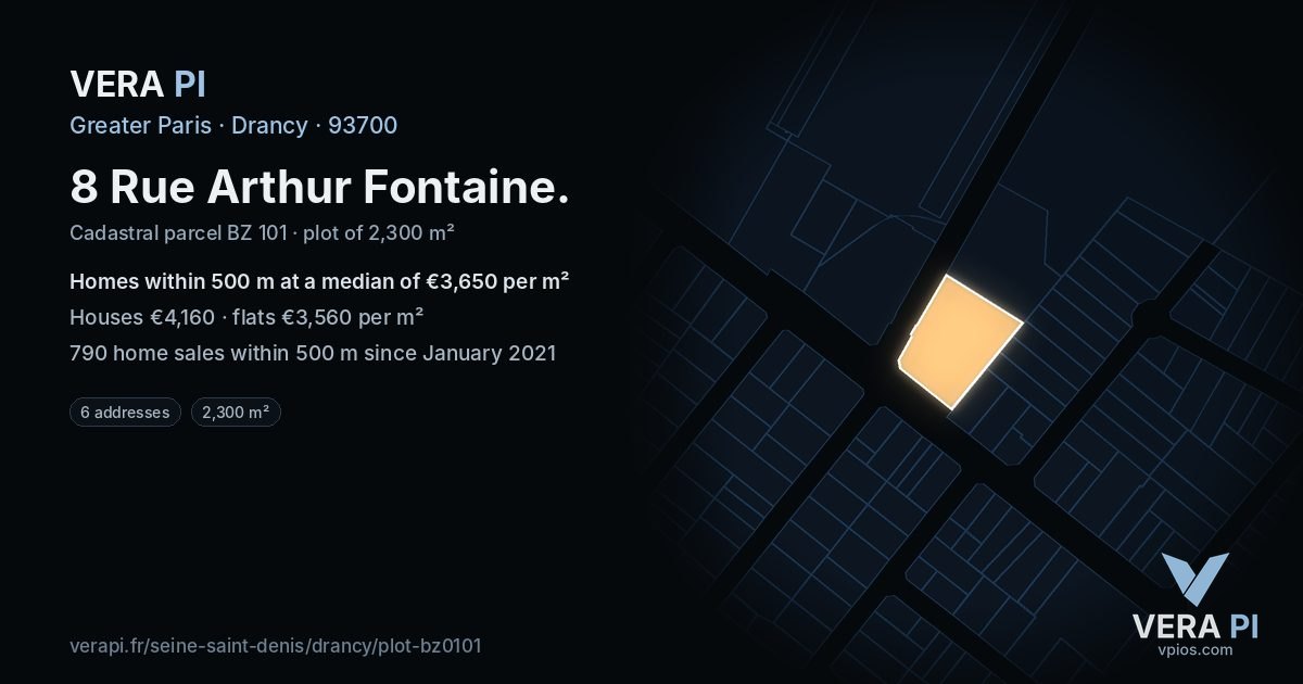 8 Rue Arthur Fontaine, Drancy at night – the plot lit, the parcels around coloured by the prices near them