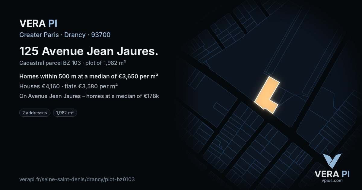 125 Avenue Jean Jaures, Drancy at night – the plot lit, the parcels around coloured by the prices near them
