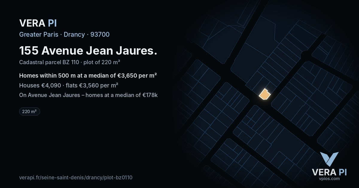 155 Avenue Jean Jaures, Drancy at night – the plot lit, the parcels around coloured by the prices near them