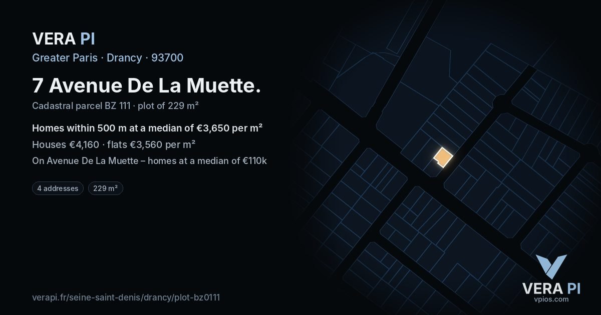 7 Avenue De La Muette, Drancy at night – the plot lit, the parcels around coloured by the prices near them