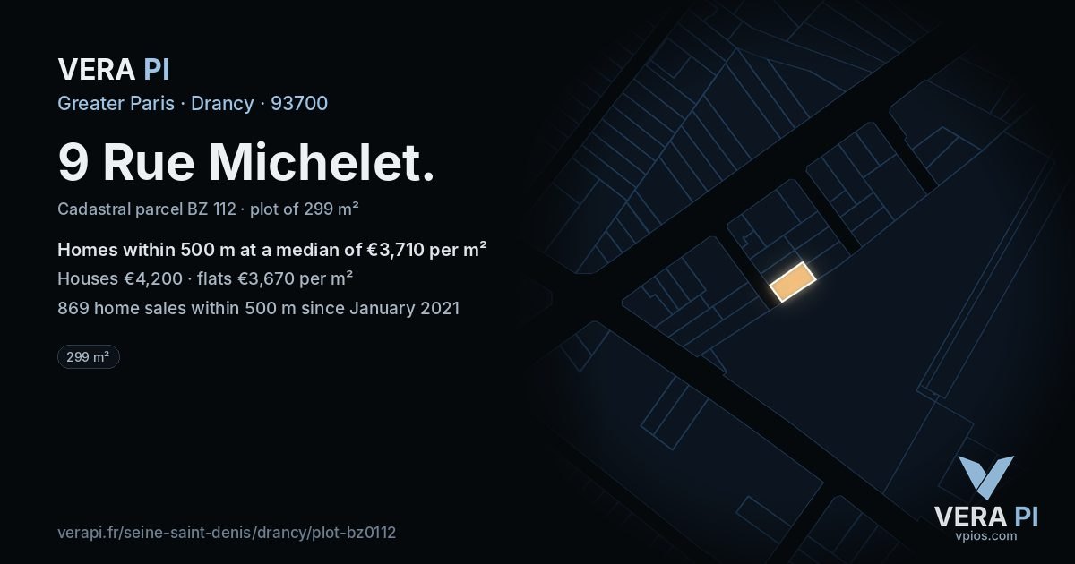 9 Rue Michelet, Drancy at night – the plot lit, the parcels around coloured by the prices near them