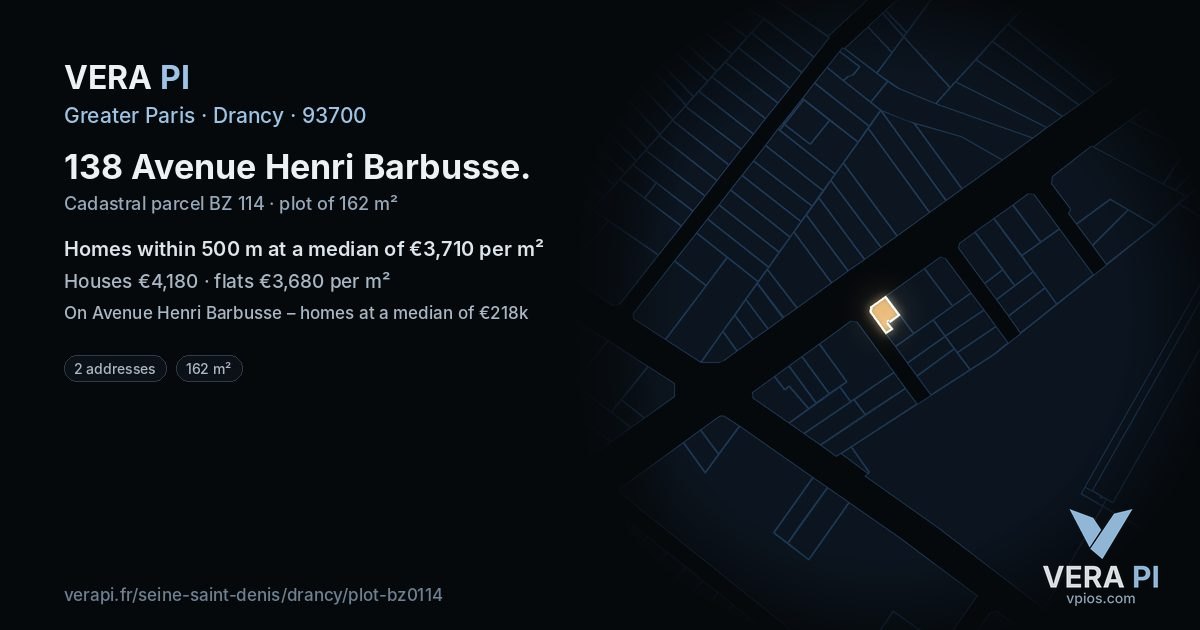 138 Avenue Henri Barbusse, Drancy at night – the plot lit, the parcels around coloured by the prices near them