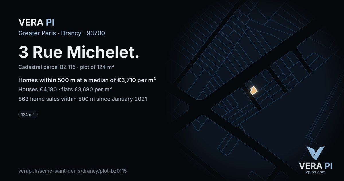 3 Rue Michelet, Drancy at night – the plot lit, the parcels around coloured by the prices near them