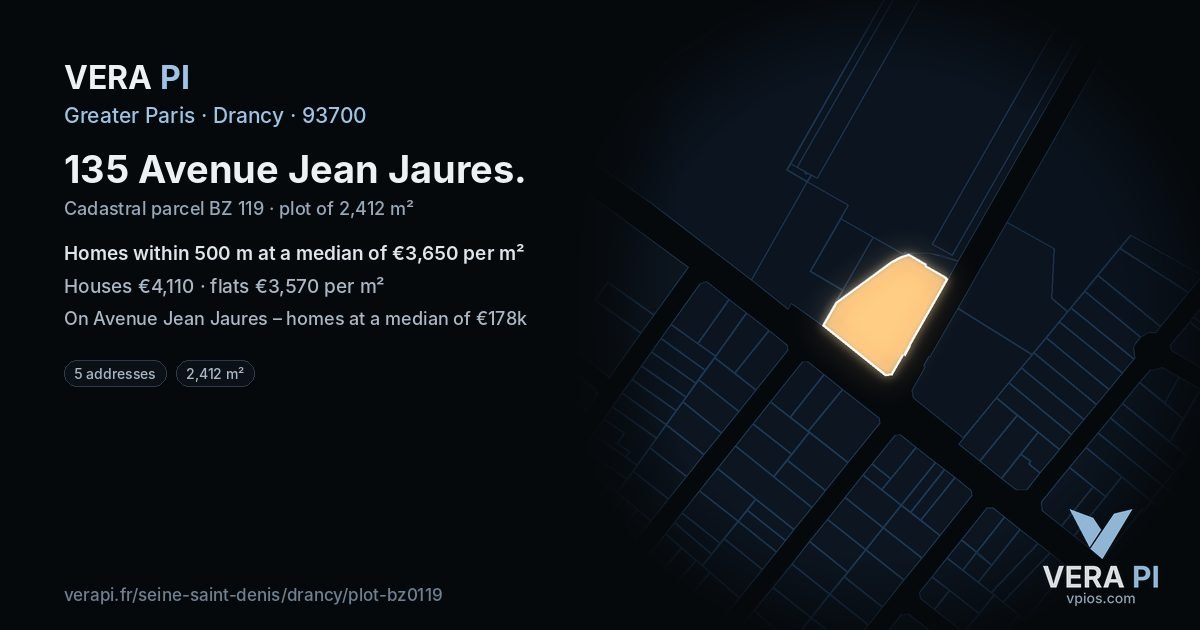 135 Avenue Jean Jaures, Drancy at night – the plot lit, the parcels around coloured by the prices near them