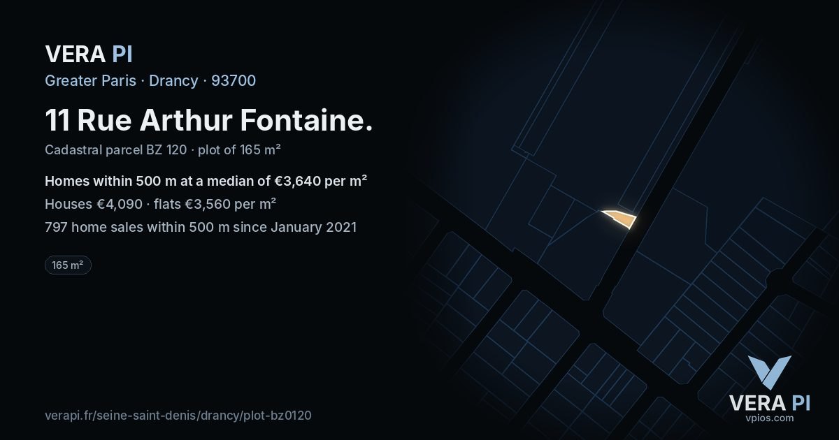 11 Rue Arthur Fontaine, Drancy at night – the plot lit, the parcels around coloured by the prices near them