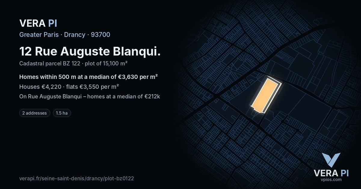 12 Rue Auguste Blanqui, Drancy at night – the plot lit, the parcels around coloured by the prices near them