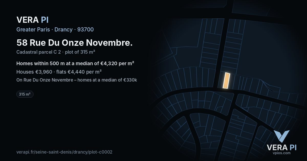 58 Rue Du Onze Novembre, Drancy at night – the plot lit, the parcels around coloured by the prices near them