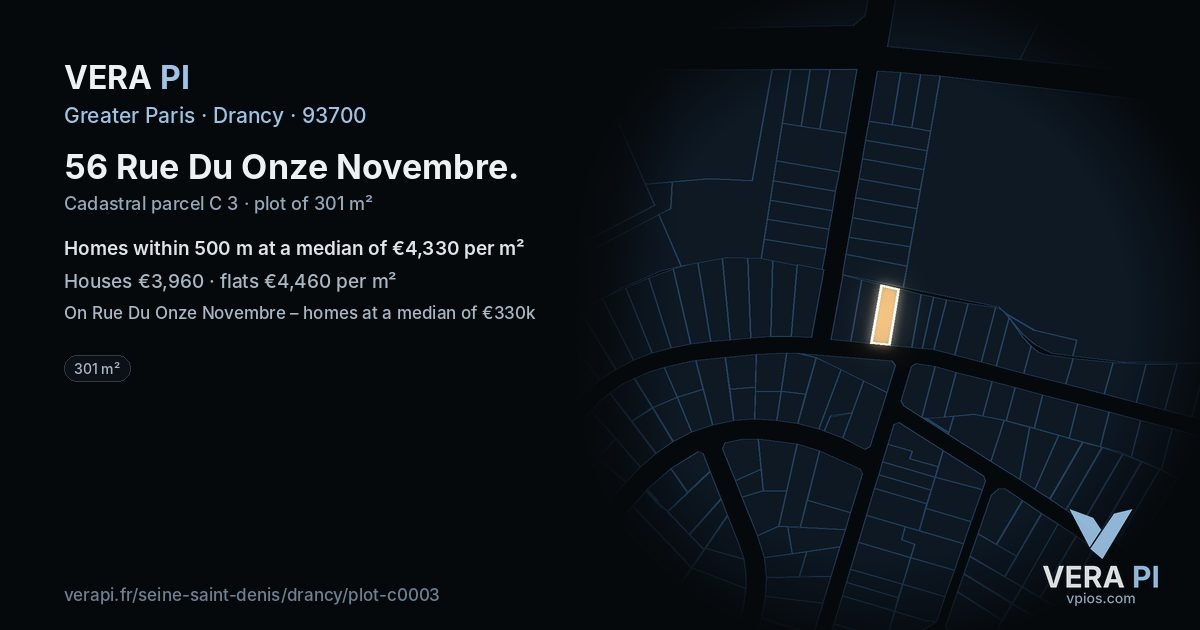 56 Rue Du Onze Novembre, Drancy at night – the plot lit, the parcels around coloured by the prices near them