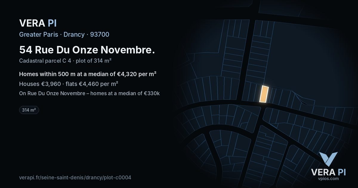54 Rue Du Onze Novembre, Drancy at night – the plot lit, the parcels around coloured by the prices near them