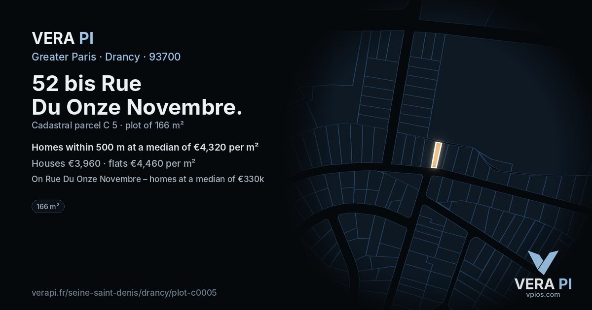 52 bis Rue Du Onze Novembre, Drancy at night – the plot lit, the parcels around coloured by the prices near them