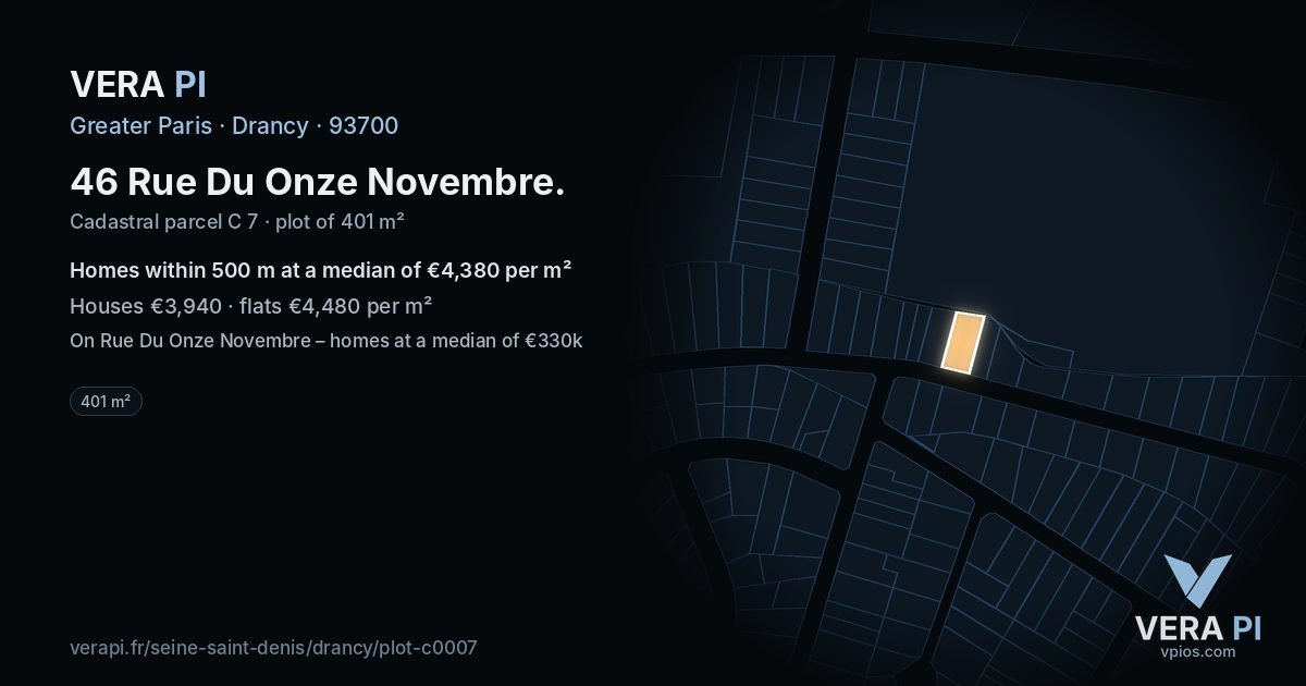 46 Rue Du Onze Novembre, Drancy at night – the plot lit, the parcels around coloured by the prices near them