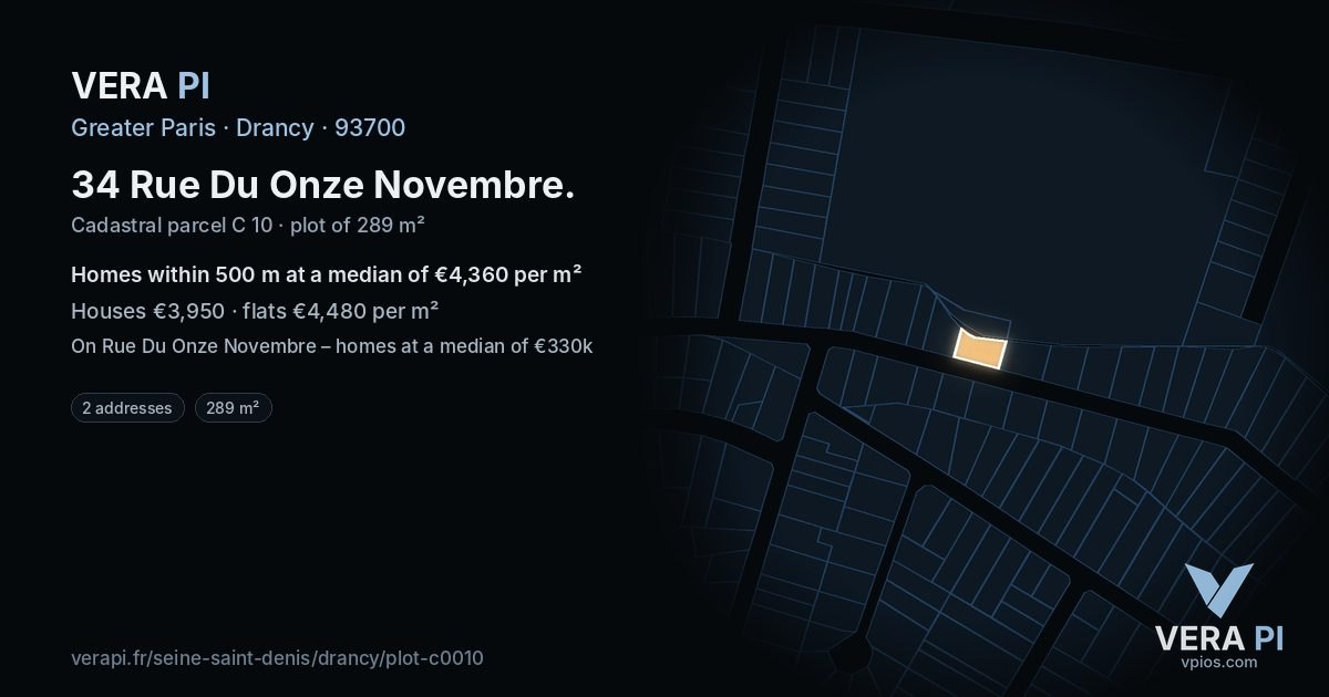 34 Rue Du Onze Novembre, Drancy at night – the plot lit, the parcels around coloured by the prices near them