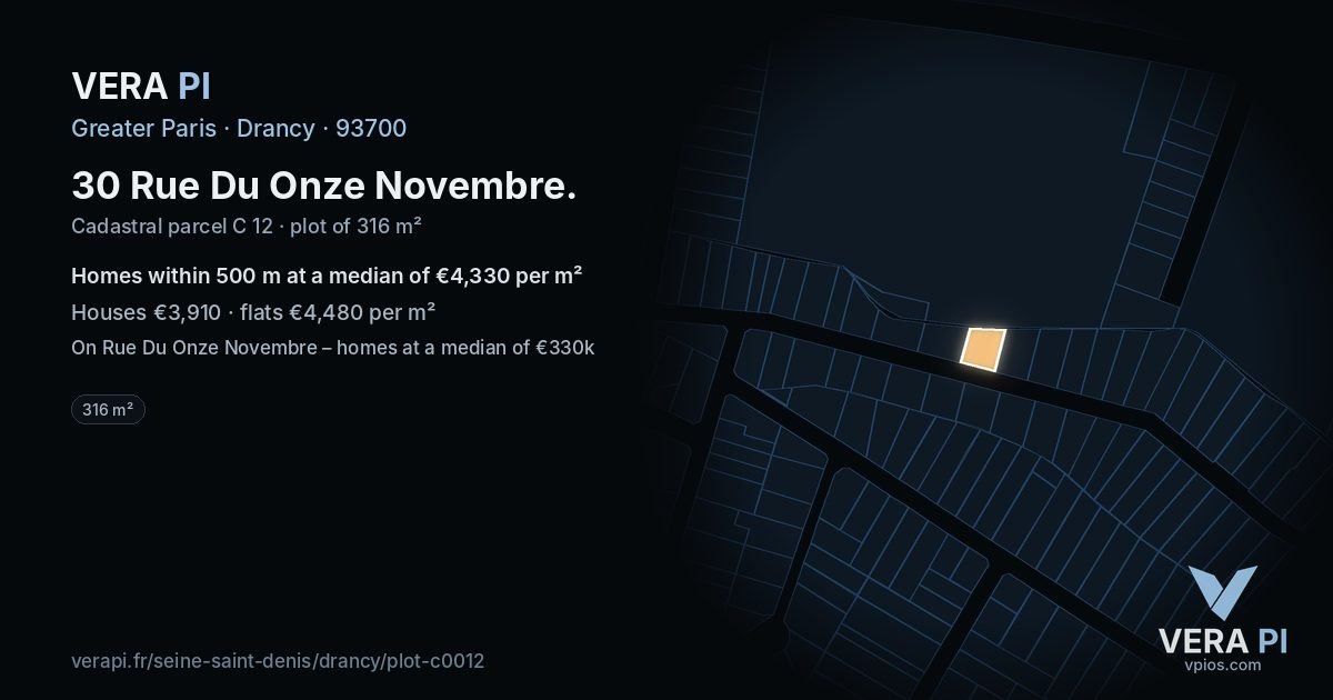 30 Rue Du Onze Novembre, Drancy at night – the plot lit, the parcels around coloured by the prices near them