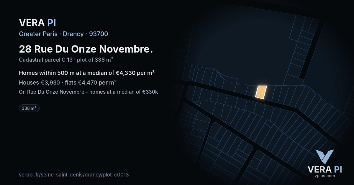 28 Rue Du Onze Novembre, Drancy at night – the plot lit, the parcels around coloured by the prices near them