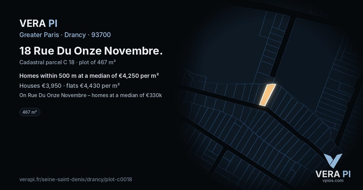 18 Rue Du Onze Novembre, Drancy at night – the plot lit, the parcels around coloured by the prices near them