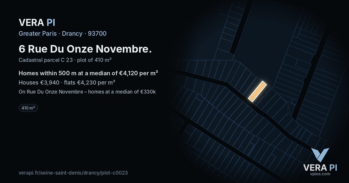 6 Rue Du Onze Novembre, Drancy at night – the plot lit, the parcels around coloured by the prices near them